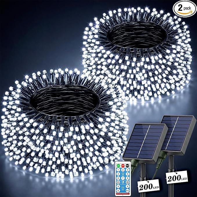 LitHome 2Pack Solar String Lights Outdoor with Remote, Total 400LED 132FT | Solar & USB Powered Christmas Lights with Remote,8 Mode Waterproof String Light for Patio Garden Yard Tree Decor,Cool White