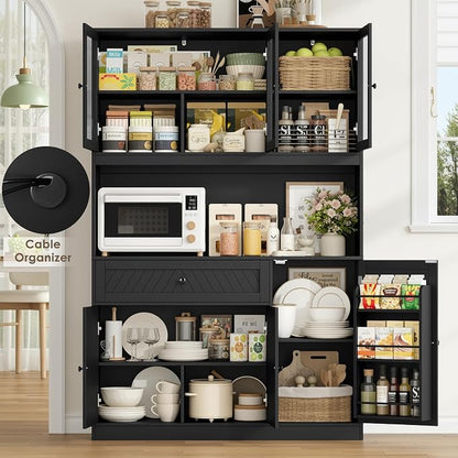 BOTLOG 72” Tall Kitchen Pantry Storage Cabinet, Modern White Kitchen Hutch with Large Storage Drawer, Countertop, Adjustable Shelves, Food Pantry Cabinets for Dining Room, Living Room (Black) | Kitchen Hutch with Large Storage Drawer, Countertop, Adjus...