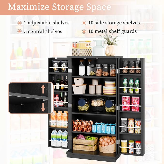 Pantry Cabinet, 47in Wooden Kitchen Storage Pantry Cabinet, Freestanding Storage Cabinets with 2 Doors, Adjustable Shelves, Black