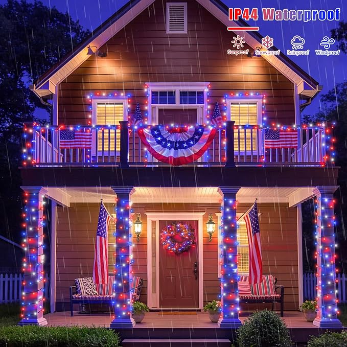 YEGUO Solar String Lights Outdoor Waterproof, 2 Packs Each 33ft 100 LED Red White Blue Lights, 8 Modes 4th of July Lights for Independence Memorial Day Decor