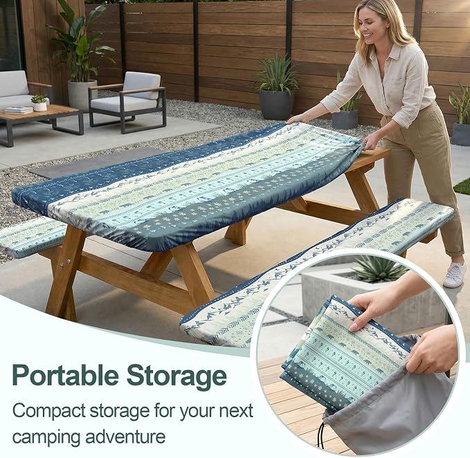 Picnic Table Cover with Bench Covers Camping Essentials Waterproof Windproof Camping Tablecloth with Drawstring Bag, Fitted Rectangle Tables and Seats, 72in, Bohemian