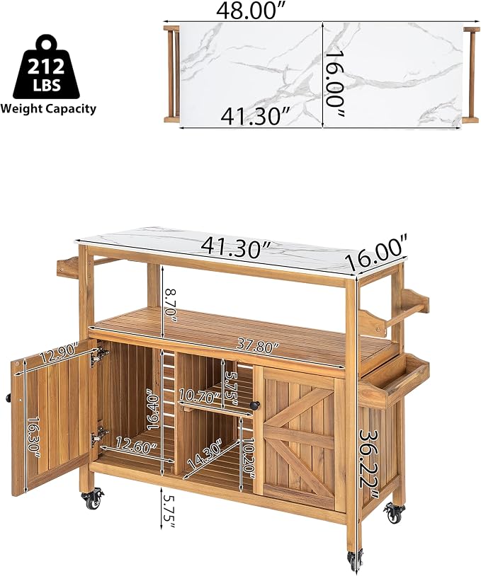Merax Outdoor Acacia Wood Bar Cart, Natural Finish with Marble-Effect Top | Lockable Wheels & Bottle Holders for Indoor, Outdoor, Patio