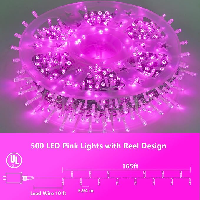 YEGUO Pink String Lights Indoor, 165ft 500 LED Christmas Lights Outdoor Waterproof, 8 Modes Clear Wire Fairy Light Plug in for Party Tree Wedding Xmas