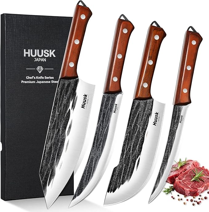 Huusk Butcher Knife Set, 4 PCS Hand Forged BBQ Knife Set for Meat Cutting, Sharp Meat Carving Breaking Knives with Ergonomic Handle, Gifts for Men Women