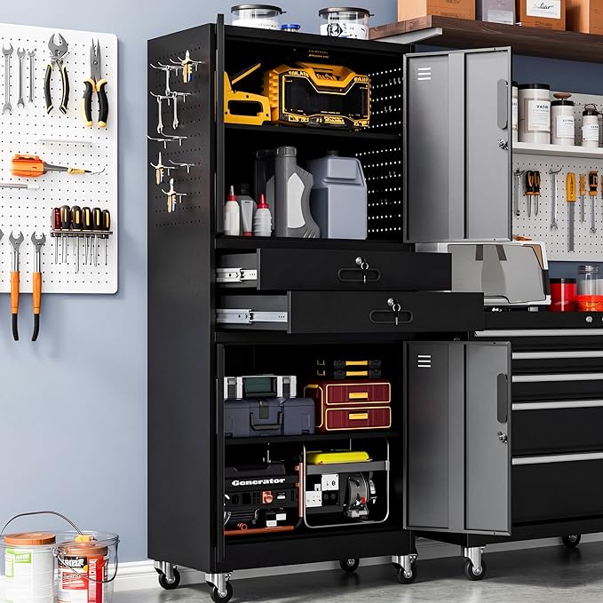 Metal Garage Storage Cabinet with 2 Drawers, 71'' Tall Lockable Storage Cabinet with Adjustable Shelves, Rolling Tool Cabinet on Wheels for Garage, Utility Room (Black)