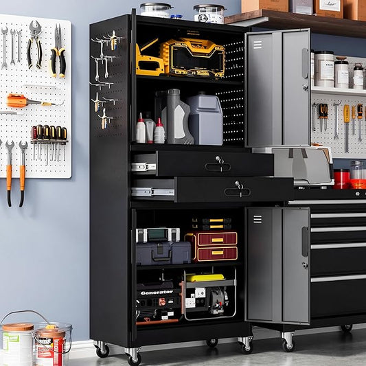 Metal Garage Storage Cabinet with 2 Drawers, 71'' Tall Lockable Storage Cabinet with Adjustable Shelves, Rolling Tool Cabinet on Wheels for Garage, Utility Room (Black)