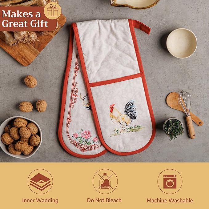 Maison d' Hermine Double Oven Mitts 100% Cotton 7"x35" Double Oven Mitt Heat Resistant BBQ Cooking Gloves with Loop Baking Grilling Kitchen Hotel Home Farmhouse Spring Summer (Campagne)