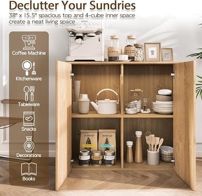 Giantex 38" Sideboard Cabinet with 2 Doors & 4 Shelves (Natural) | Bathroom Storage Organizer with Anti-Tipping Device, Metal Hinges, Credenza for Living Room, Kitchen, Entryway