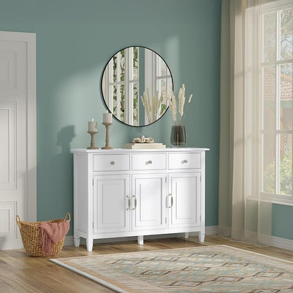 SIMPLIHOME Connaught 51" Wide Solid Wood Storage Cabinet in White | Traditional space-saving entryway or mudroom cabinet with 3 drawers and adjustable shelves for organized household storage.