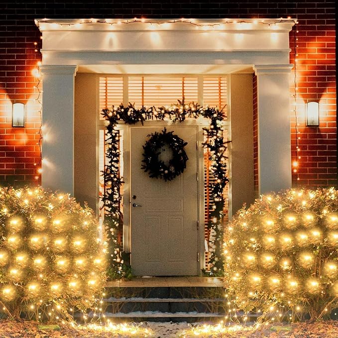 Pooqla Warm White Net Lights, 34.5X 5ft Christmas Lights Outdoor Clear Wire | 610 LED Large Net Mesh Lights Plug in, 8 Modes Waterproof Connectable Bushes Lights for Christmas Hedge Yard Decor