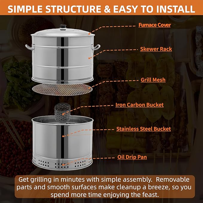 Large Stainless Steel Charcoal Hanging BBQ Grill, Charcoal Grills 360° Rotating Vertical Grill Portable Barbecue Barrel for Outdoor Cooking, Camping, Garden, Party
