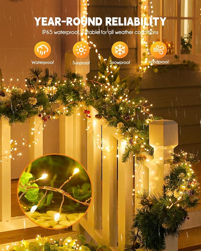 240 LED Solar Fairy Lights Outdoor Waterproof IP65, 20FT 8 Lighting Modes | Solar Christmas Lights Outdoor Waterproof Cascading Twinkle Lights Balcony Garland Patio Christmas Decorations, Warm White
