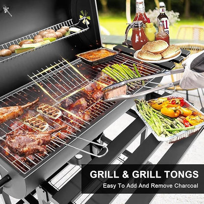 Charcoal Grill with Temperature Gauge - Large Outdoor Barrel Barbecue Grill with Side Table, 565 sq in Cooking Space for 8-12 People, Ideal for Camping and Backyard BBQ
