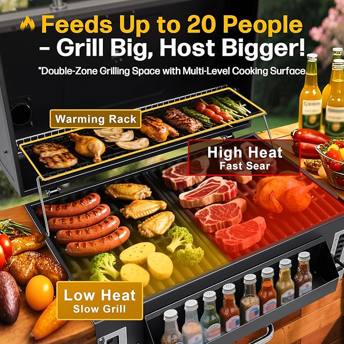 Built-in Charcoal Grill, Large BBQ Grills with Liftable Tray, Insulated Hood & Temp Gauge, Black Stainless Steel Barrel Grill for Outdoor Kitchen, Family BBQ Parties & Patio Use