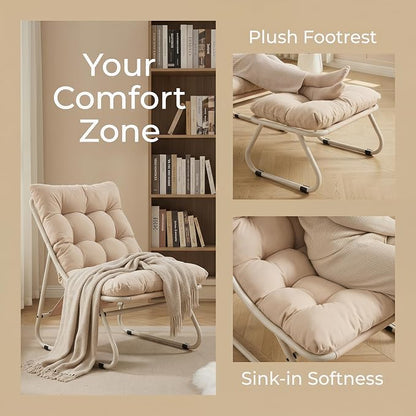 Rocking Chair with Ottoman, Modern Metal Frame Outdoor Rocker, Comfy Patio Lounge Chair with Footrest, Reading Glider Chairs for Living Room, Bedroom, Balcony, Garden, Relax, Beige