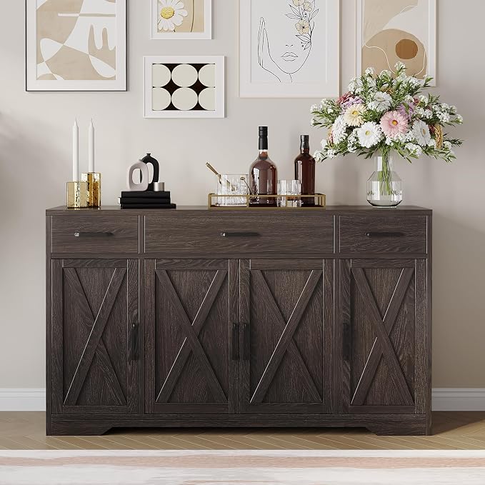 Garvee 55 in Large Buffet Sideboard Cabinet with Storage 4 Doors and 3 Drawers Kitchen Storage Cabinet Coffee Bar Buffet Table for Dining Room, Living Room, Adjustable Shelf