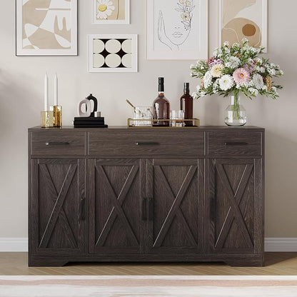 Garvee 55 in Large Buffet Sideboard Cabinet with Storage 4 Doors and 3 Drawers Kitchen Storage Cabinet Coffee Bar Buffet Table for Dining Room, Living Room, Adjustable Shelf
