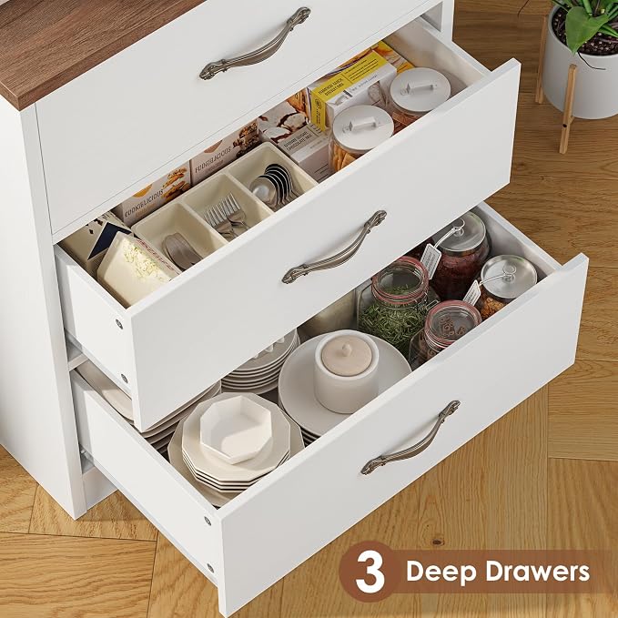71“ Tall Kitchen Pantry Storage Cabinet with Microwave Stand, Buffet Kitchen Hutch with Shelves and Drawers, Wood Coffee Bar Pantry Cabinet with Glass Doors, for Dining Room/Small Space, White