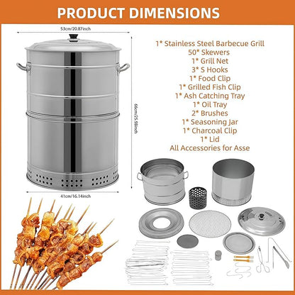 Large Stainless Steel Charcoal Hanging BBQ Grill, Charcoal Grills 360° Rotating Vertical Grill Portable Barbecue Barrel for Outdoor Cooking, Camping, Garden, Party