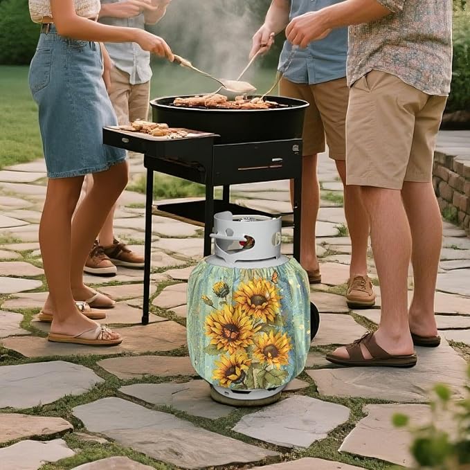 Rv Propane Tank Cover 20 lb Sunflower Wood Print Gas Tank Cover Outdoor 600D Heavy Duty Waterproof Covers Fits Standard 20 lb Cylinder, 13.7'' x 16.5''