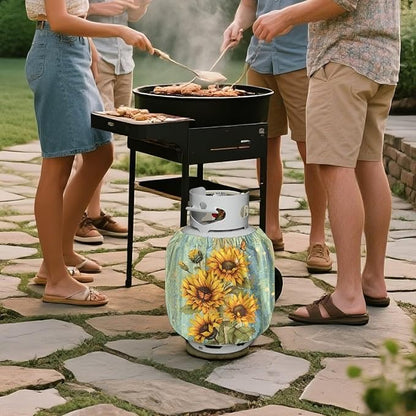 Rv Propane Tank Cover 20 lb Sunflower Wood Print Gas Tank Cover Outdoor 600D Heavy Duty Waterproof Covers Fits Standard 20 lb Cylinder, 13.7'' x 16.5''