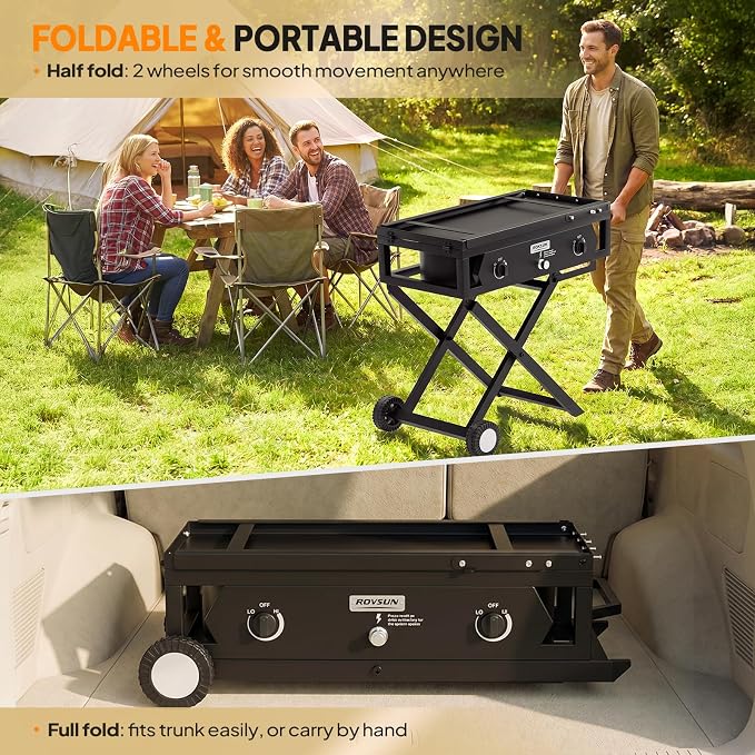 ROVSUN 2 Burner Foldable Gas Stove with Side Table, 150,000 BTU Portable Propane Stove with Ignition & Regulator for Camping Home Backyard Cooking Brewing Canning Turkey Frying