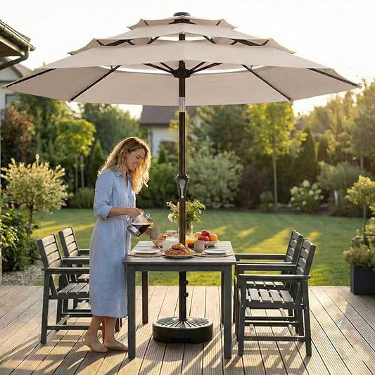 10ft 3-Tier Patio Umbrella with 32 Solar Powered LED Lights, Windproof Outdoor Market Umbrella for Deck, Poolside & Garden, Sturdy Push-Button Tilt Table Umbrella, Beige