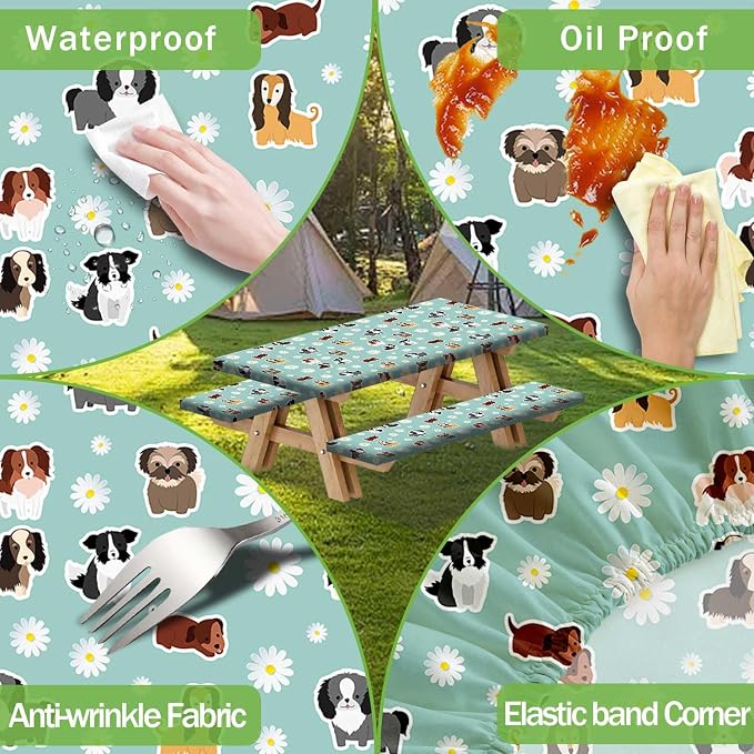 Cute Dog Picnic Table Cover with Bench Covers Camping Essentials Waterproof Windproof Funny Animal Daisy Flower Table Cover Fitted Tablecloth Cover with Elastic Edge for Outdoor 3 PCS 30x96 Inch