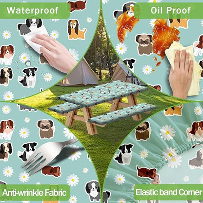 Cute Dog Picnic Table Cover with Bench Covers Camping Essentials Waterproof Windproof Funny Animal Daisy Flower Table Cover Fitted Tablecloth Cover with Elastic Edge for Outdoor 3 PCS 30x96 Inch