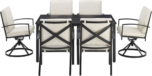 Crosley Furniture Kaplan 7-Piece Outdoor Dining Set for 6, Patio Table and Chairs for Backyard, Deck, Oiled Bronze with Oatmeal Cushions