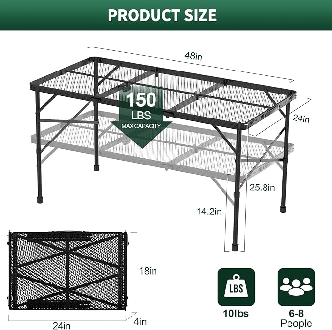 Folding Grill Table, 4x2 FT Portable Camping Table, Foldable | 3 Adjustable Height Max 27.5" Grill Tables for Outside with Mesh Bag, Outdoor table for Camping, Picnic, BBQ, Beach, Patio