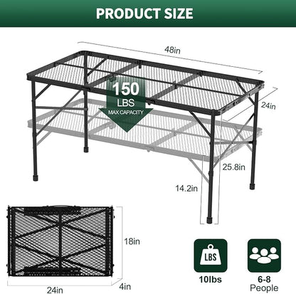 Folding Grill Table, 4x2 FT Portable Camping Table, Foldable | 3 Adjustable Height Max 27.5" Grill Tables for Outside with Mesh Bag, Outdoor table for Camping, Picnic, BBQ, Beach, Patio