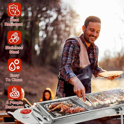 TeqHome Portable Charcoal Grill, Large Stainless Steel Folding BBQ Grill, Foldable Barbecue Grill with Storage Shelf for Camping BBQ Garden Backyard Party Picnic Outdoor Cooking Kabob, 39x13.4x28 inch