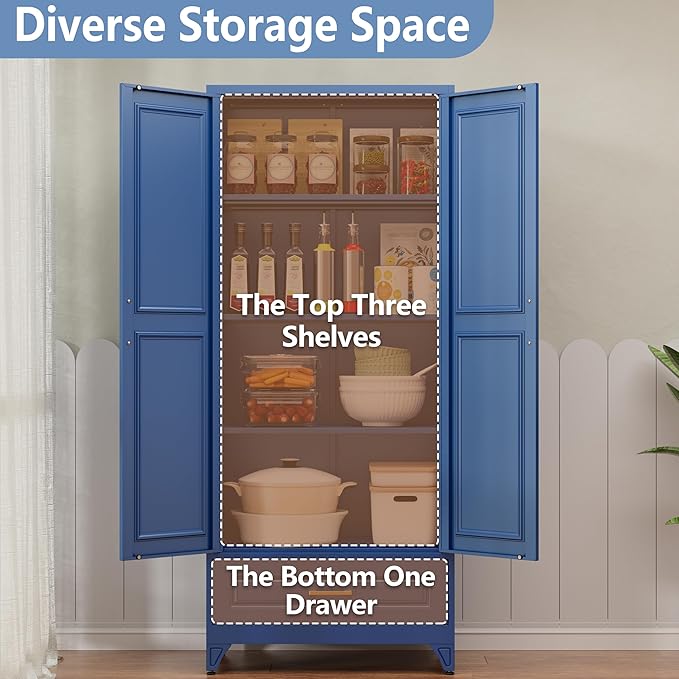 Polup Metal Storage Cabinet,75" Tall Kitchen Pantry Storage Cabinet with Doors and Adjustable Shelves, Blue Metal Pantry Cabinets with Drawer, Large Cupboard for Kitchen, Dining Living Room