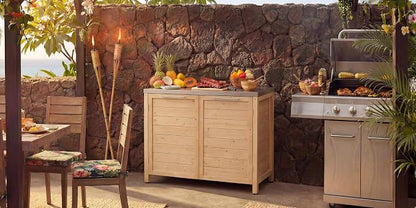 MOUMON Patio Kitchen Storage Cabinet with Stainless Steel Countertop, Solid Cedar Patio Prep Table for Grilling, Outdoor Cooking Station, Oak 51.2”W x 23.6”D x 37.4”H
