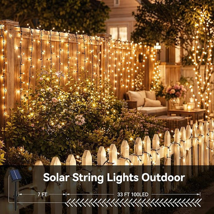 Solar String Lights Outdoor 2 Pack Total 66FT 200LED Solar Fairy Lights Waterproof 8 Modes Twinkle Solar Lights for Patio, Garden Yard Party Wedding Tree Christmas Halloween Decoration, Warm White