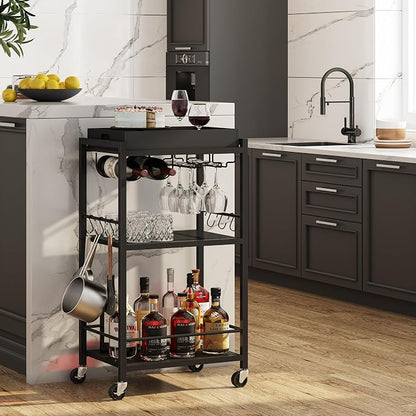 TUTOTAK Bar Cart with Wheels, Mini Drink Cart with Wine Rack & Glass Holder | 3-Tier 17 Inch Wide Home Bar Serving Carts, Small Mobile Kitchen Shelf with 6 Hooks, Black BC01BK036