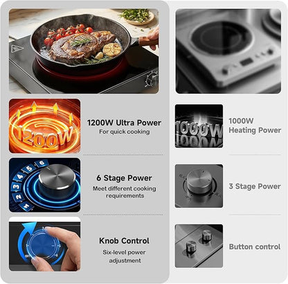Portable Single Burner Electric Cooktop, 1200W 110-120V Countertop Hot Plate with Knob Control & 6 Power Levels, Black Crystal Glass Surface, Compatible with All Cookware, for Home Camping