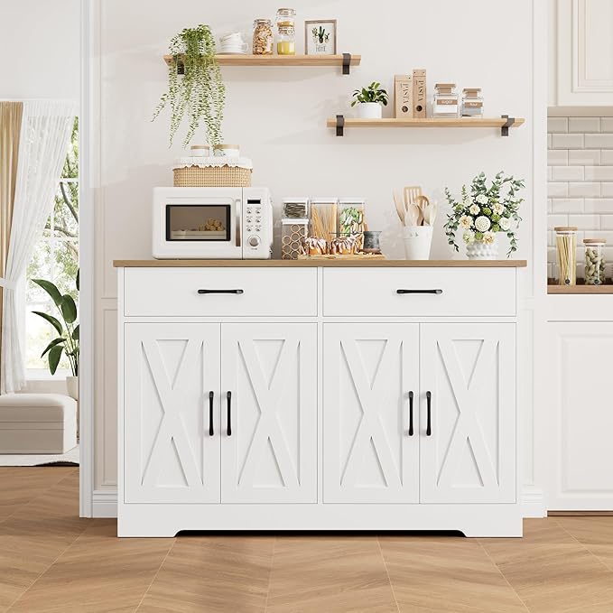 HOSTACK Buffet Cabinet with Storage, 47.2" Kitchen Sideboard Buffet with Drawers, Modern Farmhouse Coffee Bar Station with Shelves, Barn Doors Storage Cabinet for Living Room, White/Rustic Brown