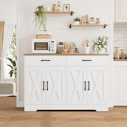 HOSTACK Buffet Cabinet with Storage, 47.2" Kitchen Sideboard Buffet with Drawers, Modern Farmhouse Coffee Bar Station with Shelves, Barn Doors Storage Cabinet for Living Room, White/Rustic Brown