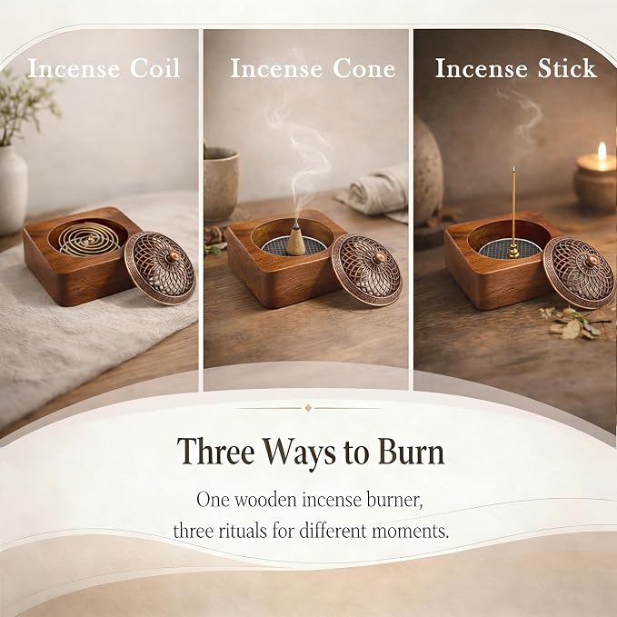 Acacia Wood Incense Burner for Cones & Coils, with Sticks Holder | 3-in-1 Wooden Meditation Accessory, Zen Yoga Home Decor for Living Room, Bedroom and Spa