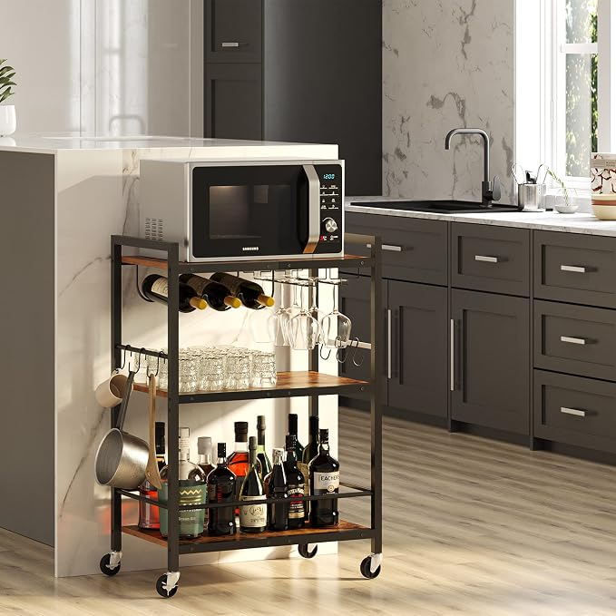 TUTOTAK Bar Cart with Wheels, Drink Cart with Wine Rack and Glass Holder | 3-Tier 23.7 Inch Wide Home Bar Serving Carts, Small Mobile Kitchen Shelf with 6 Hooks, Rustic Brown BC01BB030