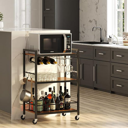 TUTOTAK Bar Cart with Wheels, Drink Cart with Wine Rack and Glass Holder | 3-Tier 23.7 Inch Wide Home Bar Serving Carts, Small Mobile Kitchen Shelf with 6 Hooks, Rustic Brown BC01BB030