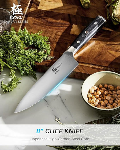 KYOKU 8" Chef Knife, Samurai Series Meat Cutting Knife with Pakkawood Handle & Mosaic Pin, Japanese Style High Carbon Steel Knives, Full Tang knives for Vegetable Fruit with Sheath and Case