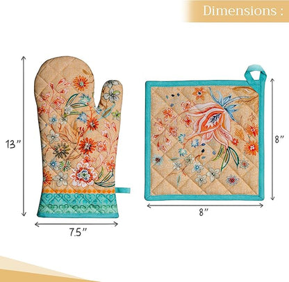 Maison d' Hermine 100% Cotton Oven Mitt & Pot Holder Set (7.5"x13" & 8"x8") Heat Resistant BBQ Cooking Gloves with Loop Baking Grilling Kitchen Hotel Home Farmhouse Spring Summer (Luxury Loft - Peach)