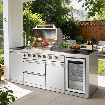 Outdoor Kitchen Island with Side Burn,4+1 Burner Modular Kitchen with Grill Station Cabinetry,304 Stainless Sink, Fridge, BBQ Set for Patios & Backyards (Stainless, 86 in-Side Burn)