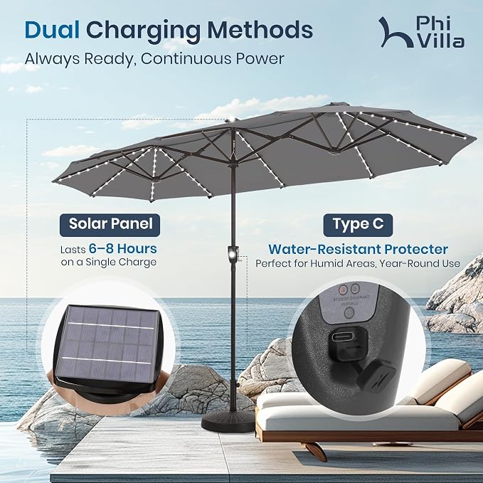 PHI VILLA 13ft Patio Umbrella w/ 120 PCS Color Changing Solar Lights, Grey | Outdoor Triple-Head Large Rectangle/Rectangular Solar-powered Market Table Umbrellas, w/ Crank Lift, for Poolside(No base)
