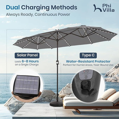 PHI VILLA 13ft Patio Umbrella w/ 120 PCS Color Changing Solar Lights, Grey | Outdoor Triple-Head Large Rectangle/Rectangular Solar-powered Market Table Umbrellas, w/ Crank Lift, for Poolside(No base)
