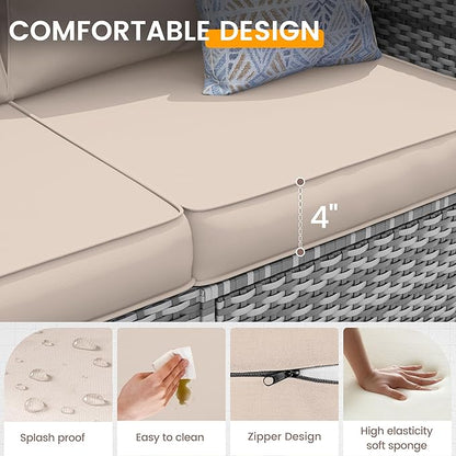 UDPATIO Outdoor Patio Furniture Set, 7 Pcs PE Wicker Sectional Sofa with Tea Table, Outdoor Conversation Set with Waterproof Cover for Patio, Garden, Backyard (Beige Cushions with Grey Rattan)