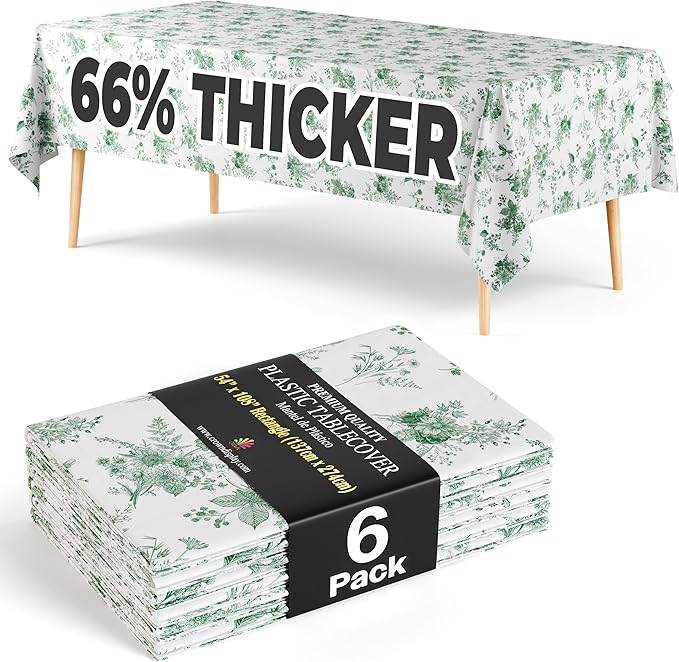 Exquisite 66% Thicker Floral Plastic Tablecloth Rectangle 54x108 Inch 6 Pack - Verdure Green Disposable Summer Table Cloth Tea Party Decorations - Vintage Table Cover Bridal Shower Wedding Spring